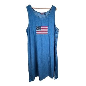 VTG 90s Agapo Embroidered Denim Maxi Dress 2X USA Flag Old Money July 4th Jumper